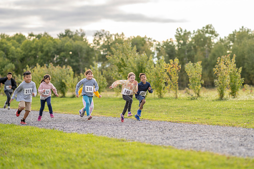A small group of children are seen running a Cross Country race in a small pack together. They are each wearing comfortable athletic wear and numbered bibs as they run towards the finish line.