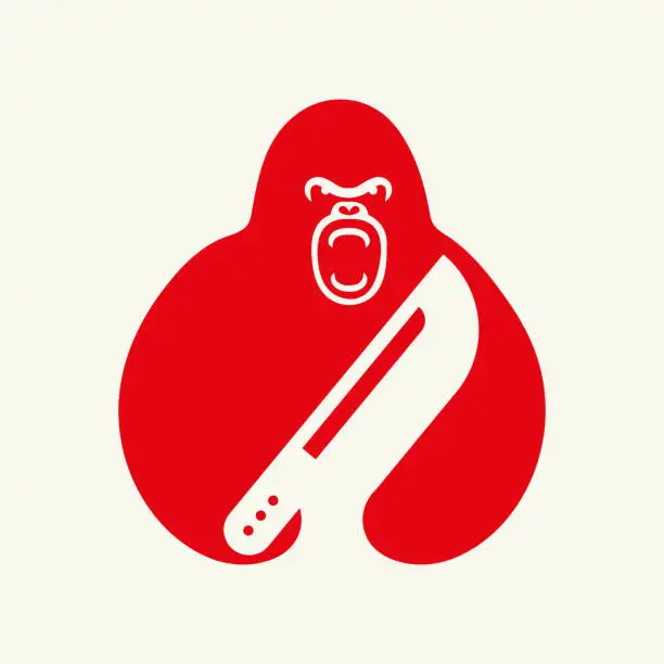Vector illustration of Gorilla Knife Logo Negative Space Concept Vector Template. Gorilla Holding Knife Symbol