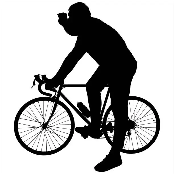 Vector illustration of Cyclist with a bike. The guy stopped with the bike; holds the steering wheel with one hand, with the other hand focuses their gaze forward; peers ahead. Black male silhouette isolated on white