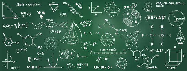mathematische gleichungen, chemie und quantenphysik forschung mit geometrischen figuren auf einer tafel in der schule - physics classroom teaching professor stock-grafiken, -clipart, -cartoons und -symbole