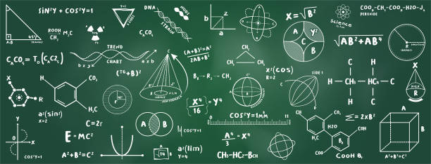 Math equations, chemistry and quantum physics research with geometrical figures on a blackboard at school Research board with geometrical figures on a blackboard at school drawing of a advanced math formulas stock illustrations