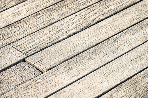 Close-up of a surface of heavily weathered old floorboards.