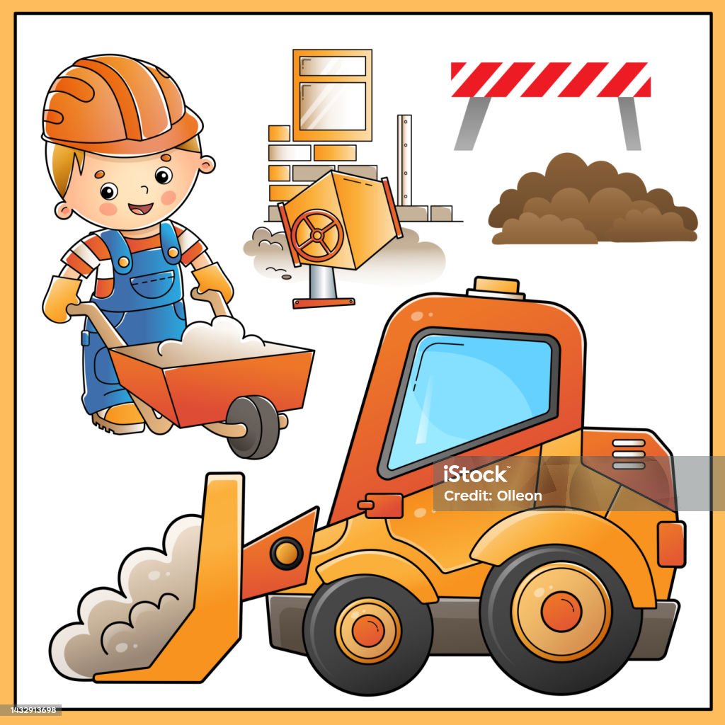 Cartoon Images Of Bulldozer And Worker With Building Tools Construction  Vehicles Profession Colorful Vector Set Of Illustrations For Kids Stock  Illustration - Download Image Now - iStock