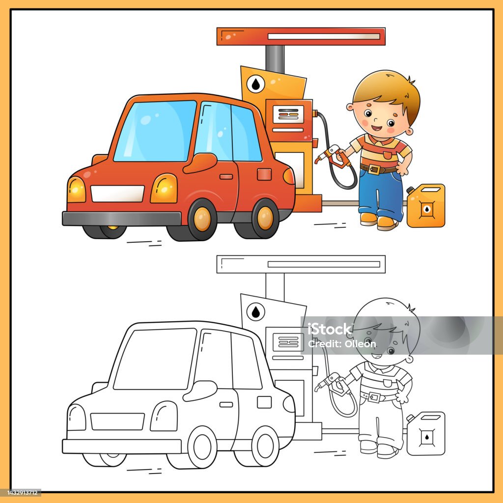 Coloring Page Outline Of Cartoon Driver With Car On Petrol Station Images  Transport Or Vehicle For Children Coloring Book For Kids Stock Illustration  - Download Image Now - iStock