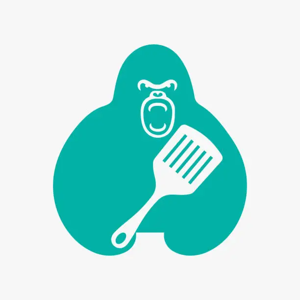 Vector illustration of Gorilla Spatula Logo Negative Space Concept Vector Template. Gorilla Holding Spatula Symbol