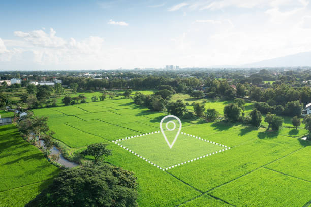 Land plot in aerial view in Chiang Mai of Thailand. Land plot in aerial view. Identify registration symbol of vacant area for map. Property or real estate for business of home, house or residential i.e. construction, development, sale, rent, buy, purchase, mortgage or investment. only land stock pictures, royalty-free photos & images