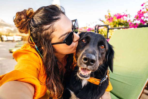 une jeune femme prend un selfie avec son chien - photos de facebook photos et images de collection