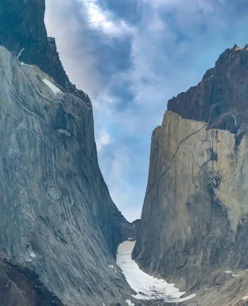 Photo of Fascinating view of a glacier between two of the iconic granite peaks of the Paine Massif, Torres del Paine National Park, southern Patagonia, Magallanes, Chile