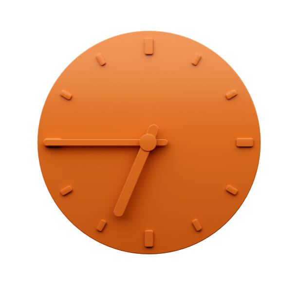 istock Minimal Orange clock 6:45 o clock quarter to Seven abstract Minimalist wall clock 3d Illustration 1432917338