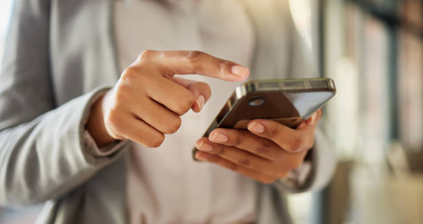 istock Phone, networking and communication with a hand of a woman typing an email or sending a message closeup. 5g mobile technology to contact us, for social media and to access the internet or web 1432919099