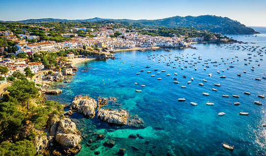 Aerial view seaside town and natural bay of Calella de Palafrugell on Catalonia's Costa Brava. Spain