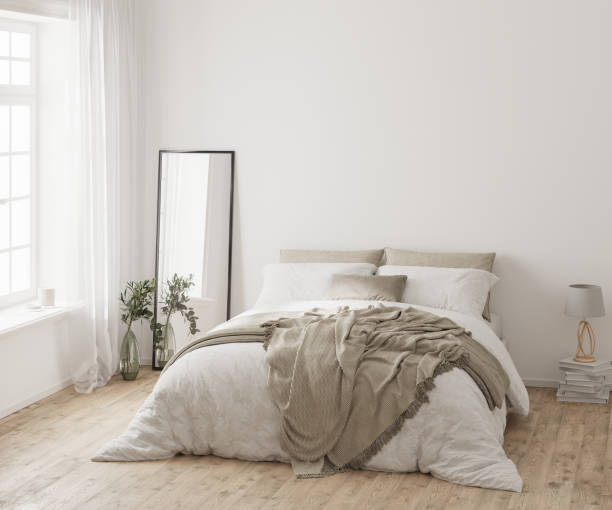 istock Bedroom interior mockup in parisian and scaninavian style, 3d rendering 1432920581