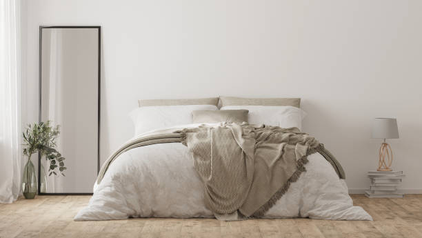 istock Bedroom interior with bed, mirror and decor, home interior mockup, 3d render 1432920585