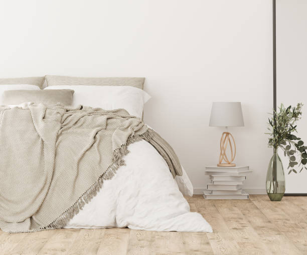 istock Home interior background, cozy white bedroom with bed with pillow and blanket, lamp and mirror,scandinavian style, 3d render 1432920593