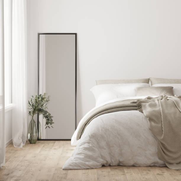 istock home interior, scandinavian style bedroom mock up, bed close up, 3d rendering 1432920601