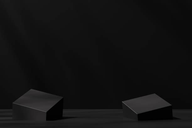 istock Two cubic pedestals on a black background, 3d render 1432921095