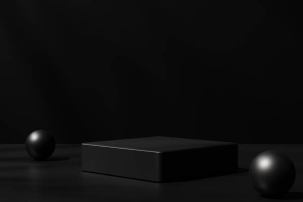 istock One podium and spheres on a black background, 3d render 1432921098