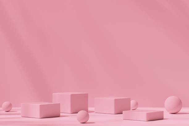 istock Spheres and square podiums on a pink background, 3d render 1432921134