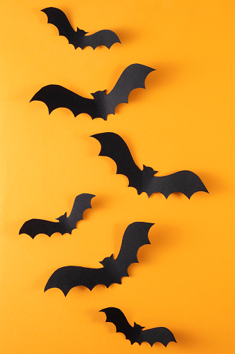Halloween decorations, paper bats on orange colored background with copy space