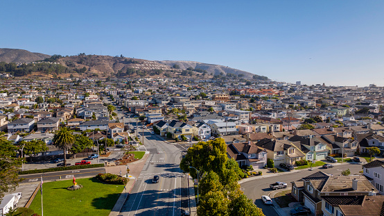 High quality stock aerial photos of South San Francisco, CA residential homes along the coast.