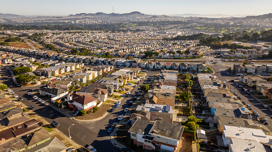 High quality stock aerial photos of Daly City, CA residential homes along the coast.