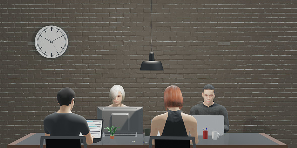 Male and female employees in a modern workplace. Desk work. Colleagues. Businessmen using laptop computers. Finance and Marketing Team 3D illustration