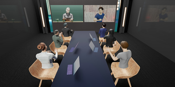 Metaverse avatars in the office Online meetings and classrooms People in the world of Metaverse 3D illustrations