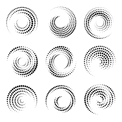 Set of swirl shapes. Halftone effect. Circular dotted shapes. Spiral design elements.