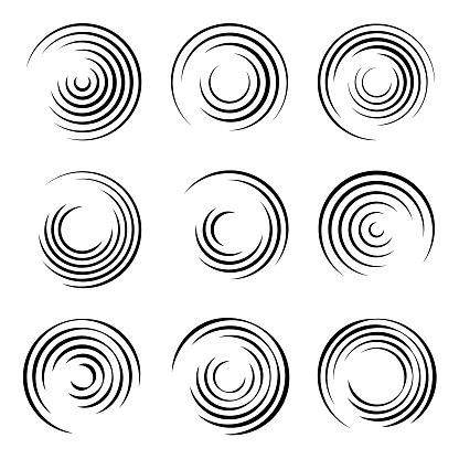 Set of abstract circle shapes for design. Radial rotating lines. Symbol of ripple effect. Vector design elements