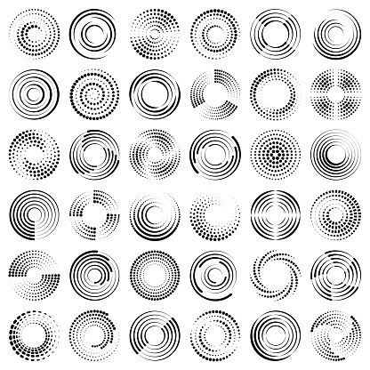 Set of different dotted and striped circles. Round vector elements for design. Halftone effect.