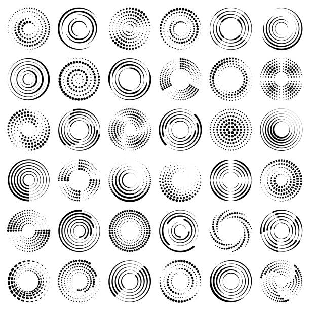 Circles Set of different dotted and striped circles. Round vector elements for design. Halftone effect. semi circle stock illustrations