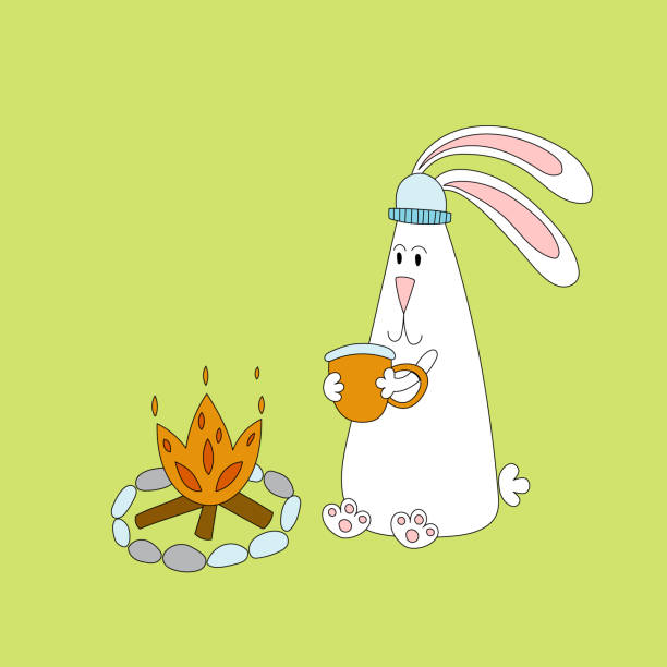 Rabbit symbol of 2023. Rabbit with tea by the fire. Hiking, campaign. Calendar template. Rabbit symbol of 2023. Rabbit with tea by the fire. Hiking, campaign. Calendar template. Vector illustration fire rabbit zodiac stock illustrations