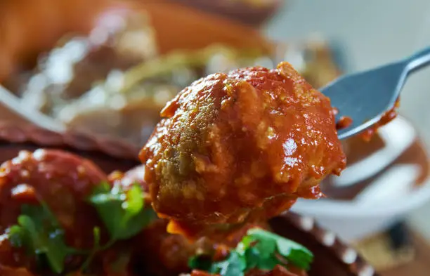 Boulettes sauce tomate. Belgian Meatball, national  cuisine, Traditional assorted Asia dishes, Top view.