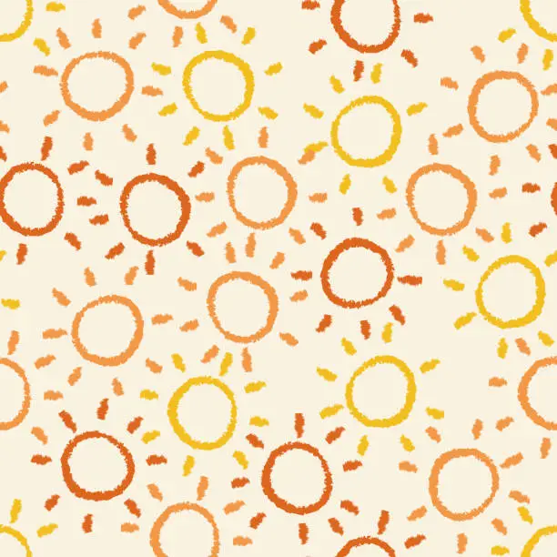 Vector illustration of Seamless pattern of painted suns on a light background in yellow colors. Children's drawing, chalk drawing