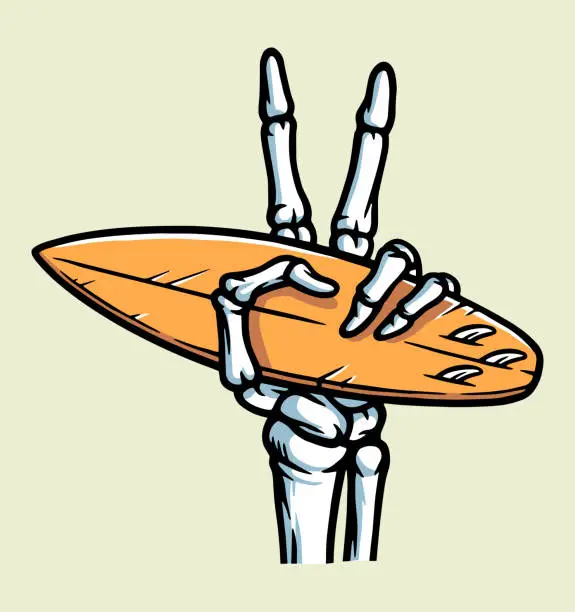 Vector illustration of peaceful hand skeleton and surfboard illustration