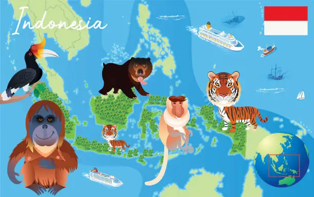 Vector illustration of Animals Map  of Indonesia
