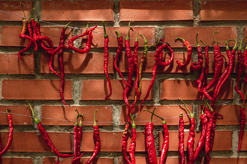Red chili peppers hanged against red brick wall