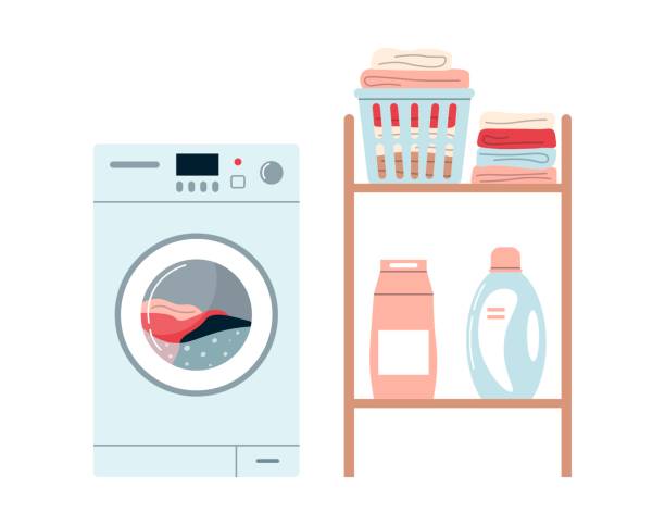 Washing machine and basket with clean clothes. Shelf with powder and cleanser. Washable clothes. Laundry concept. Flat vector illustration on white isolated background. Washing machine and basket with clean clothes. Shelf with powder and cleanser. Washable clothes. Laundry concept. Flat vector illustration on white isolated background. utility room stock illustrations