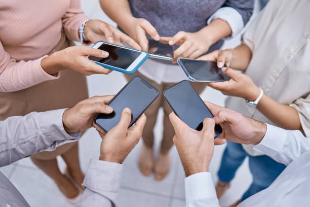 istock Global, networking and advertising 5g technology by group sharing phone contact, online communication. Digital team collaboration on internet marketing, planning and brainstorming community teamwork 1432932203