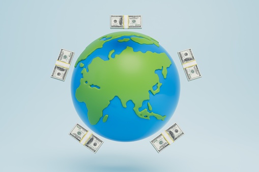 sale of natural resources. a planet around which are bundles of dollars on a white background. 3D render.