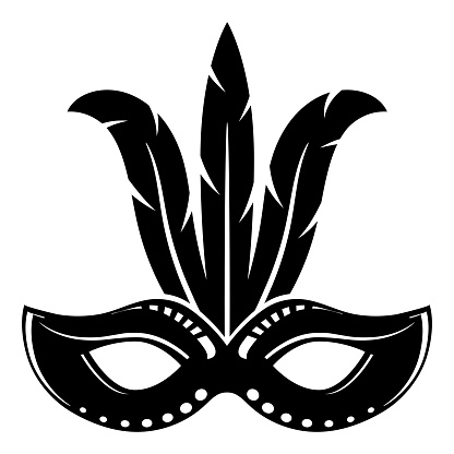 Carnival mask black silhouette icon isolated on white background. Mask with feathers.