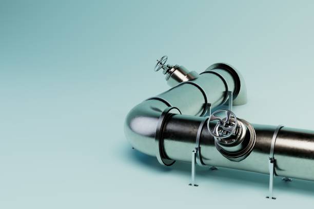 istock gas supply via gas pipeline. gas pipe with valves on a blue background. copy paste, copy space. 3D render 1432932735