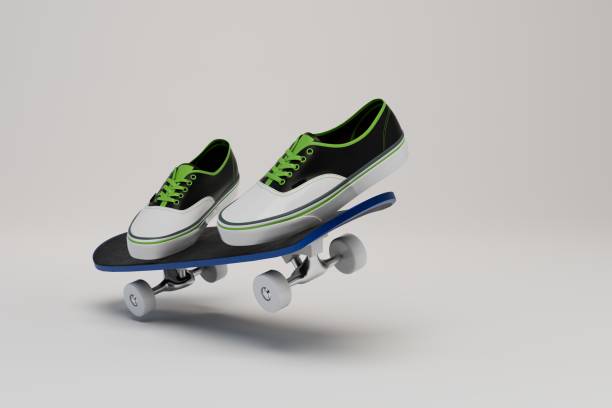 istock active sport. Snickers standing on a skateboard on a white background. 3D render 1432934017