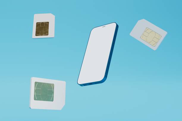 istock smartphone for several SIM cards. smartphone around which SIM cards fly on a blue background. 3D render 1432934713