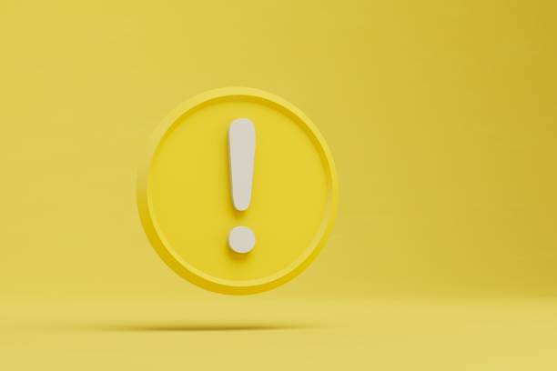 istock a round yellow icon with a white exclamation mark on a yellow background. 3D render 1432934725
