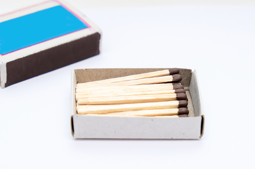 Match box full of matches close up on white background.