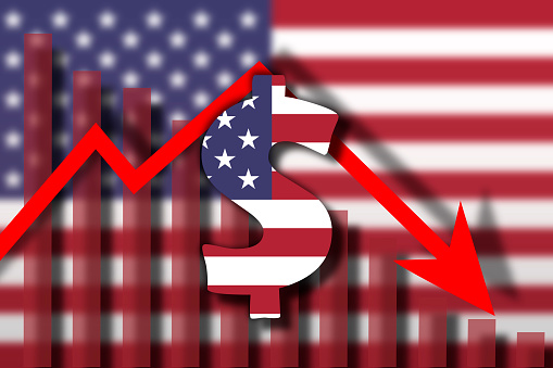 US flag paint over on us dollar symbol. US currency crash concept .