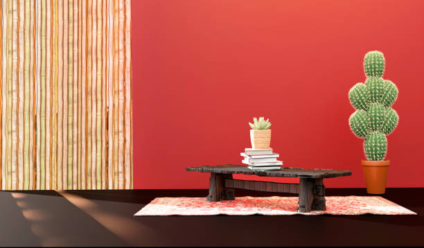 빨간 방에 벤치, 책 및 사막 식물 장식이있는 소박한 인테리어 카펫. 인테리어 디자인. 3d 일러스트레이션 - mexican rug 뉴스 사진 이미지