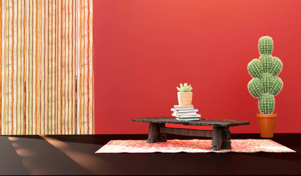 istock Rustic interior carpet with bench, books and desert plant decoration in red room. Interior design. 3d illustration 1432941349