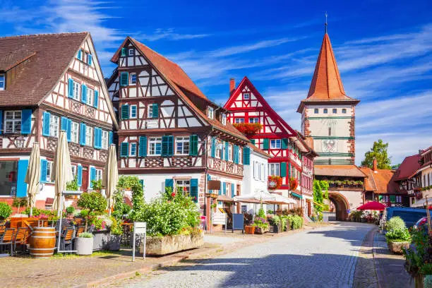 Gengenbach, Germany - Famous beautiful small town in Schwarzwald (Black Forest), Baden Wurttemberg land. Historical downtown and Obertorturm gate.